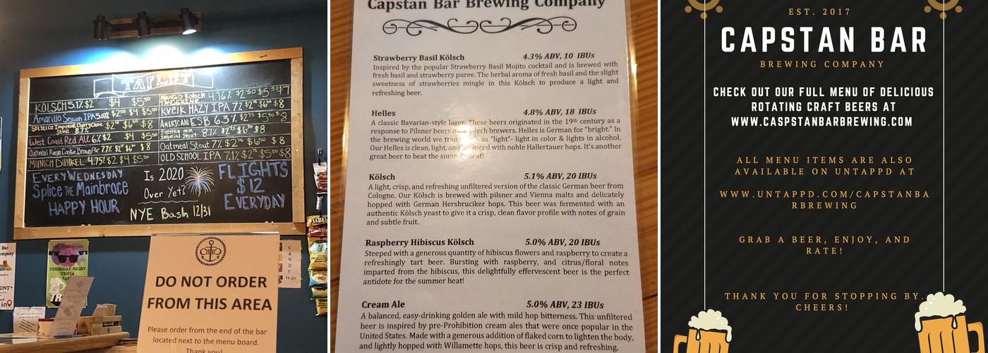 Capstan Bar Brewing Company Menu