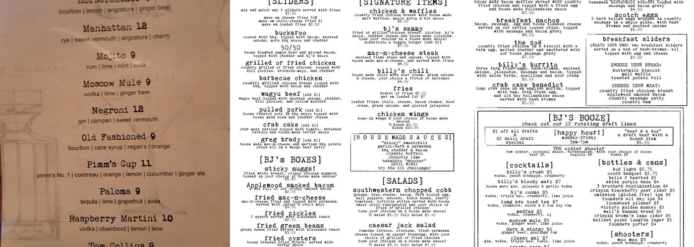 Jack's Hideaway Menu