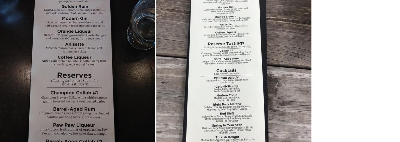 Vitae Spirits Distillery Menu