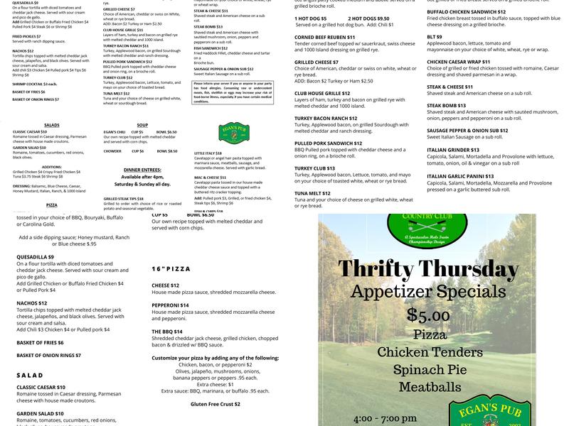 Egan's Pub Menu