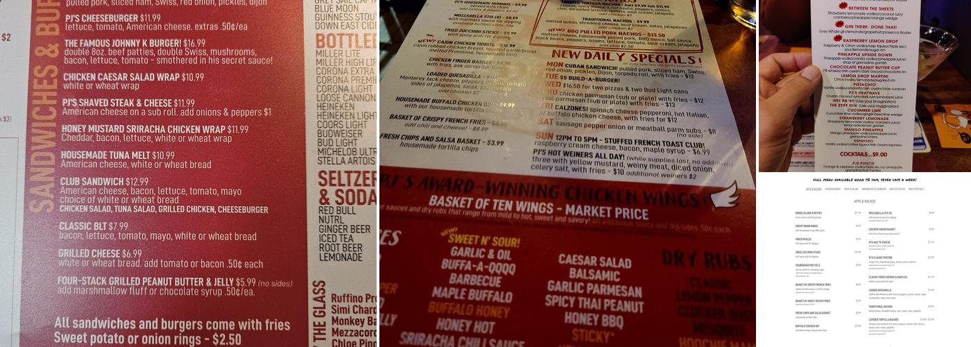 PJ's Pub Menu