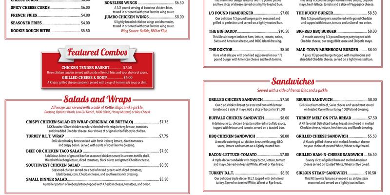 The Kollege Klub Menu