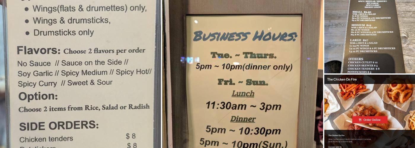 The chicken on fire Menu