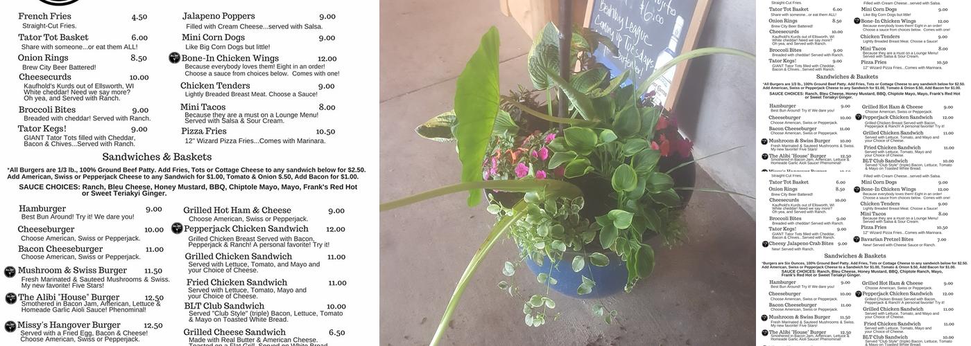 The Alibi Lounge Menu