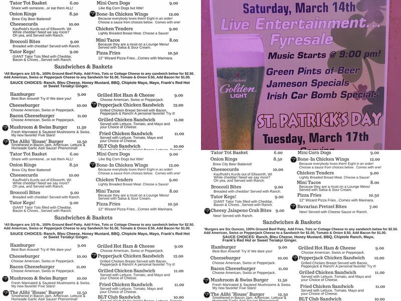 The Alibi Lounge Menu