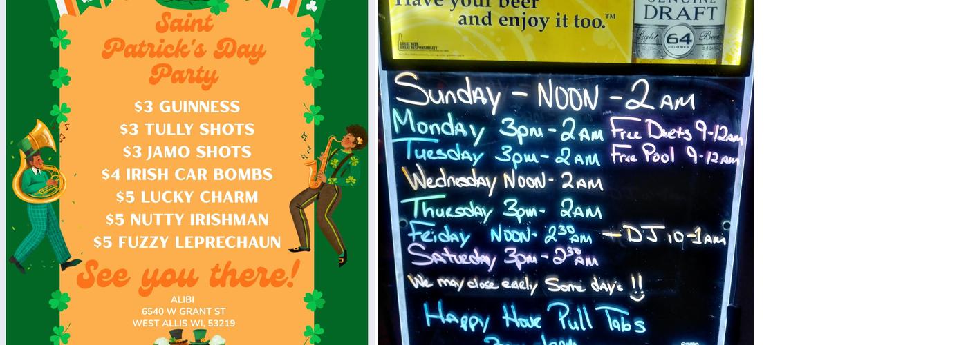 Alibi Tavern LLC Menu