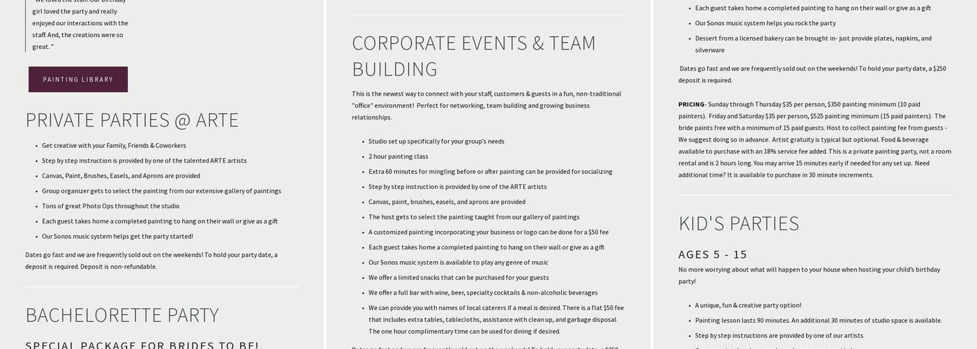 Arté Wine and Painting Studio Menu