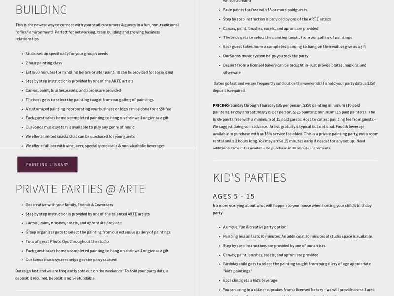 Arté Wine and Painting Studio Menu