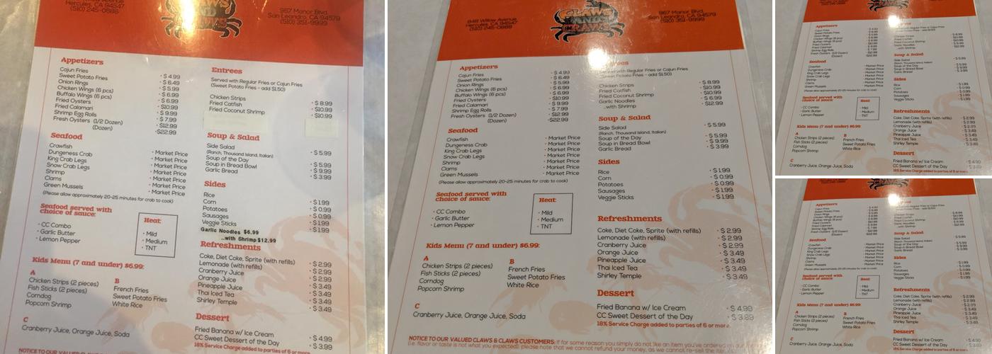 Claws and Craws Menu
