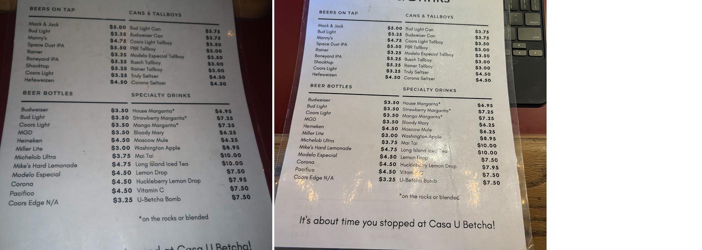 Casa U Betcha Menu