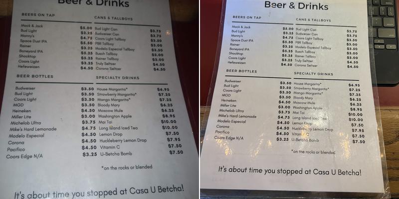 Casa U Betcha Menu