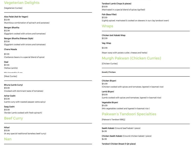 Pakwan Restaurant - Fremont Menu