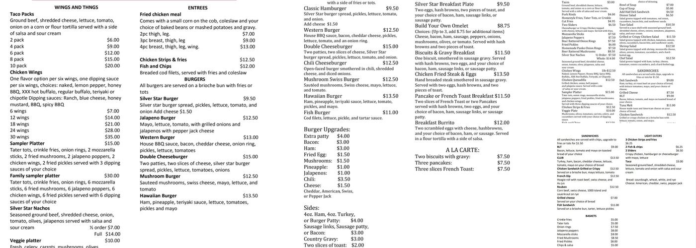 Silver Star Saloon Menu