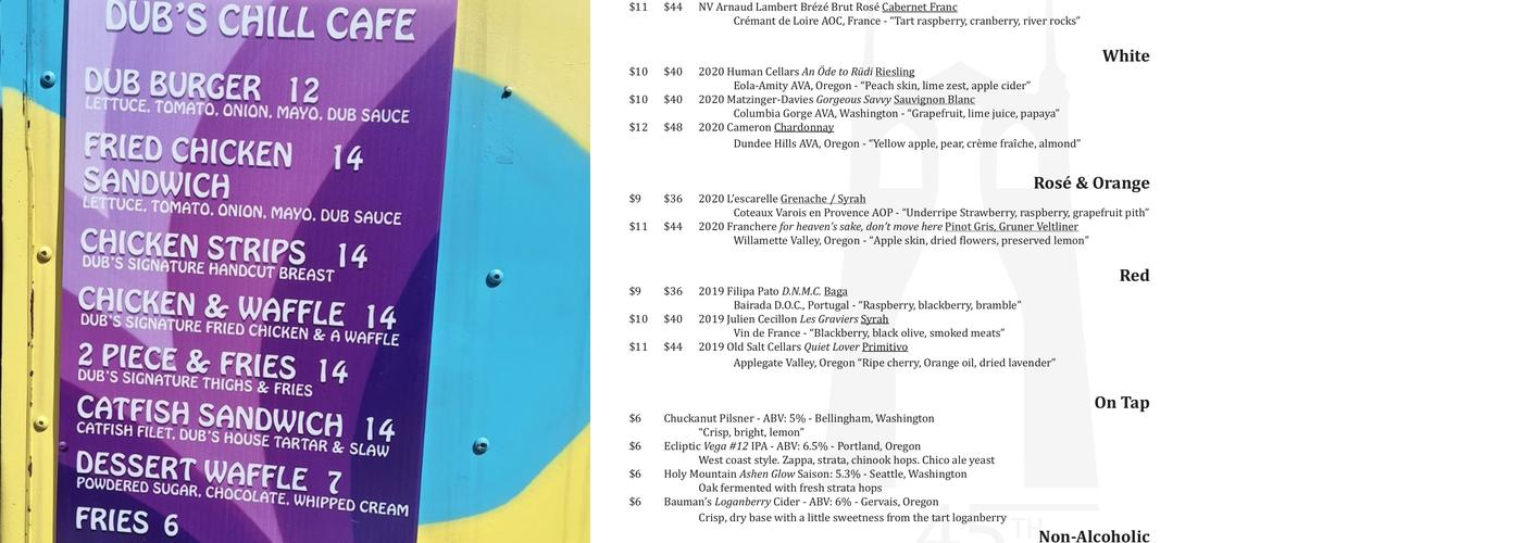 45th Parallel Wines Menu