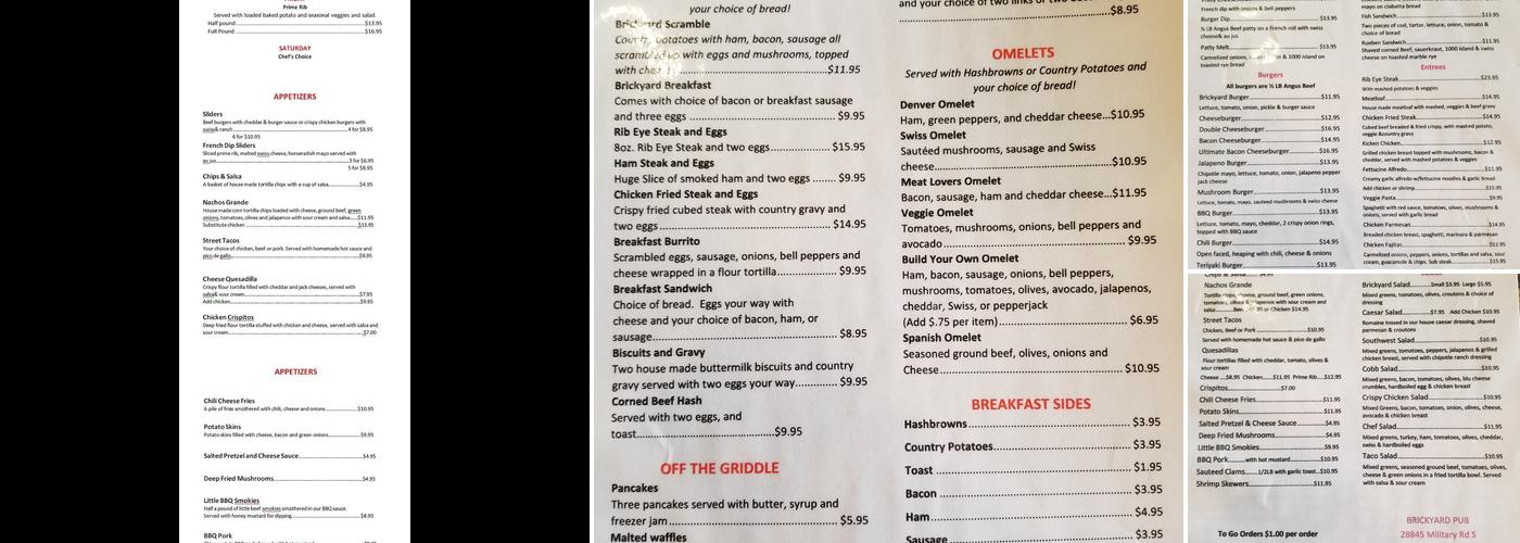 Brickyard Pub Menu