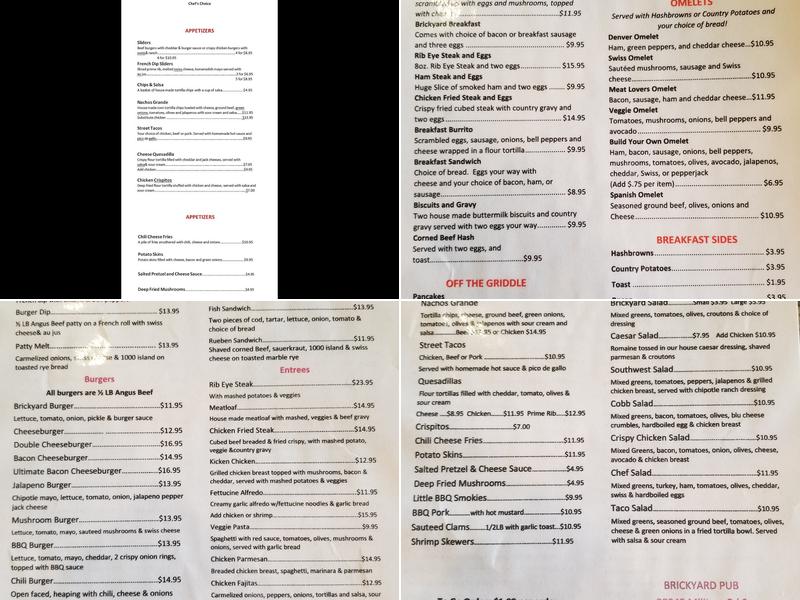 Brickyard Pub Menu