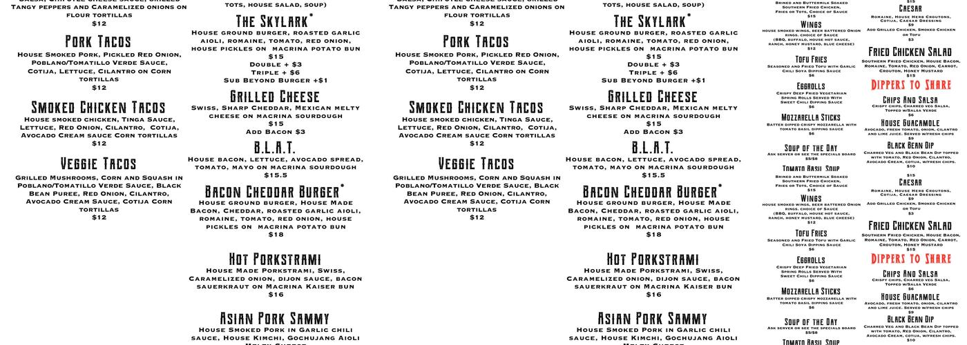 Skylark Cafe & Club Menu