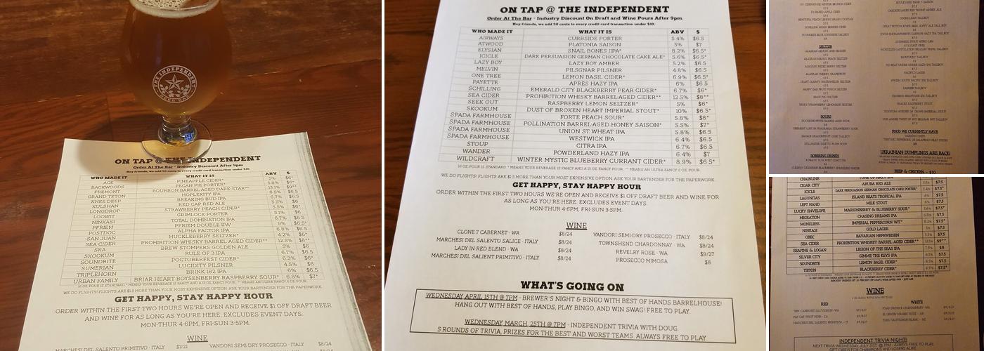 The Independent Beer Bar Menu