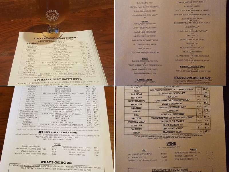 The Independent Beer Bar Menu