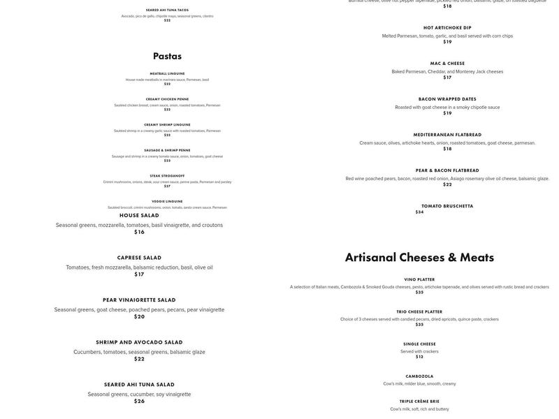 Vino at the Landing Menu