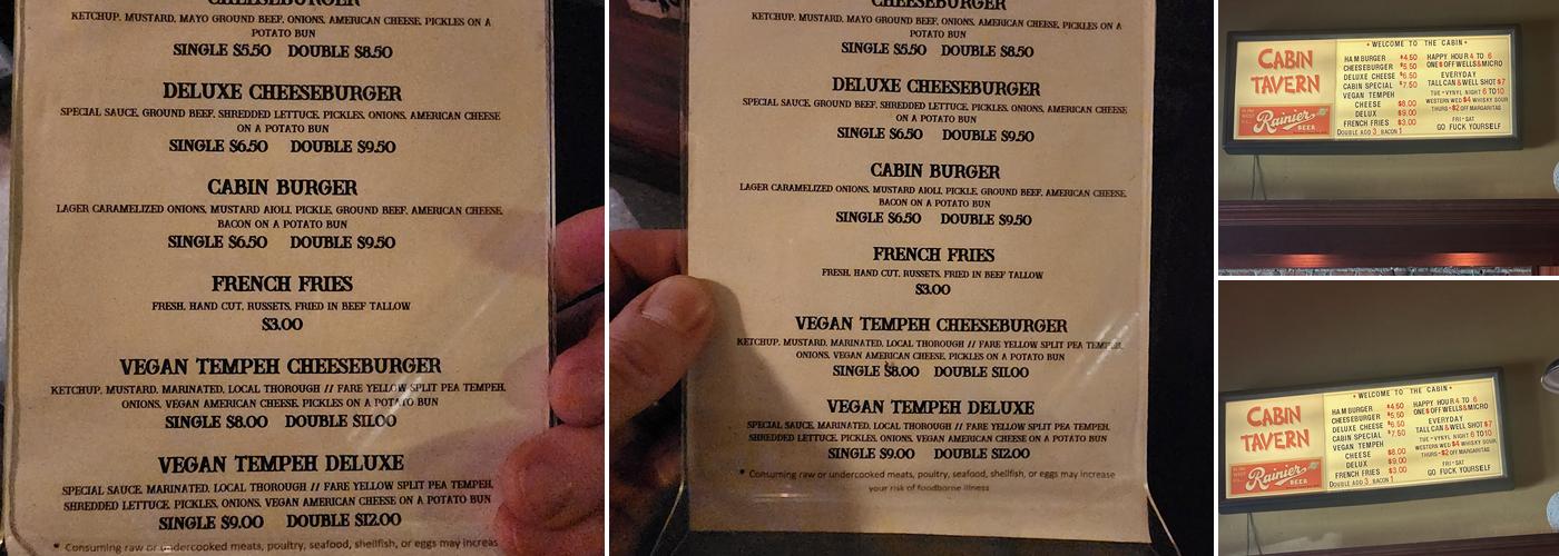 Cabin Tavern Menu