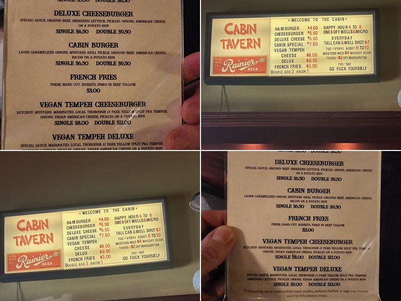 Cabin Tavern Menu