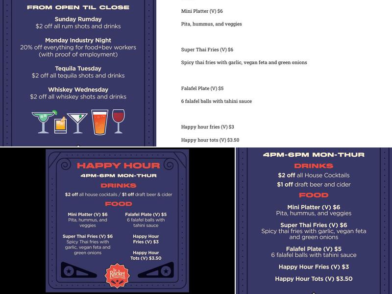 The Racket Bar and Pinball Lounge Menu