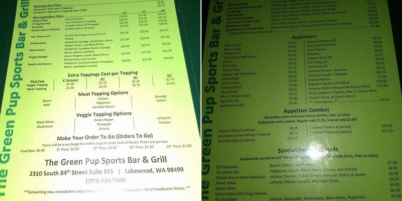 Green Pup Sports Bar Menu