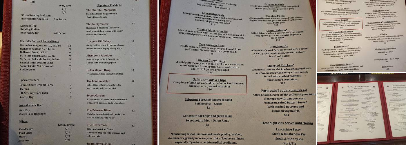 Three Lions Pub Menu