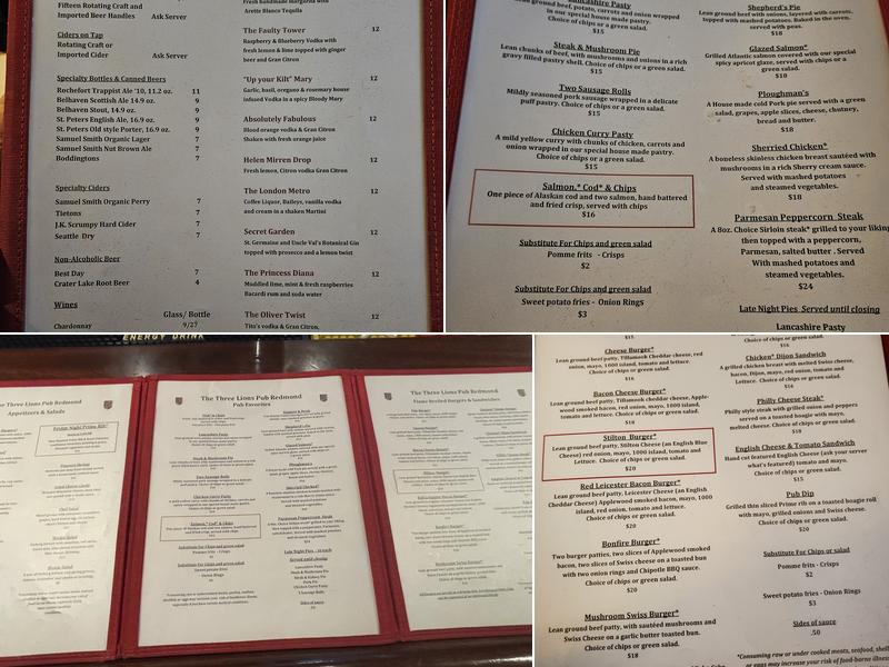 Three Lions Pub Menu