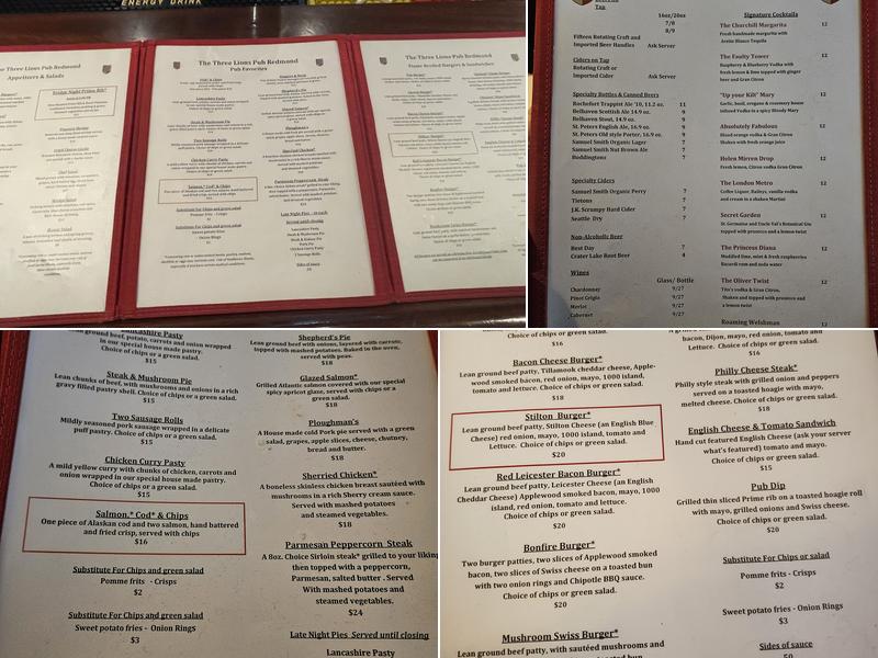 Three Lions Pub Menu