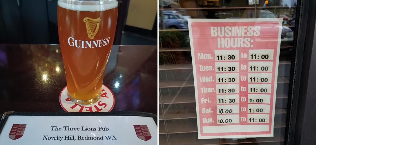 Three Lions Pub Novelty Hill Menu