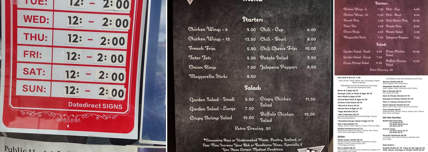 Max's Triangle Pub Menu