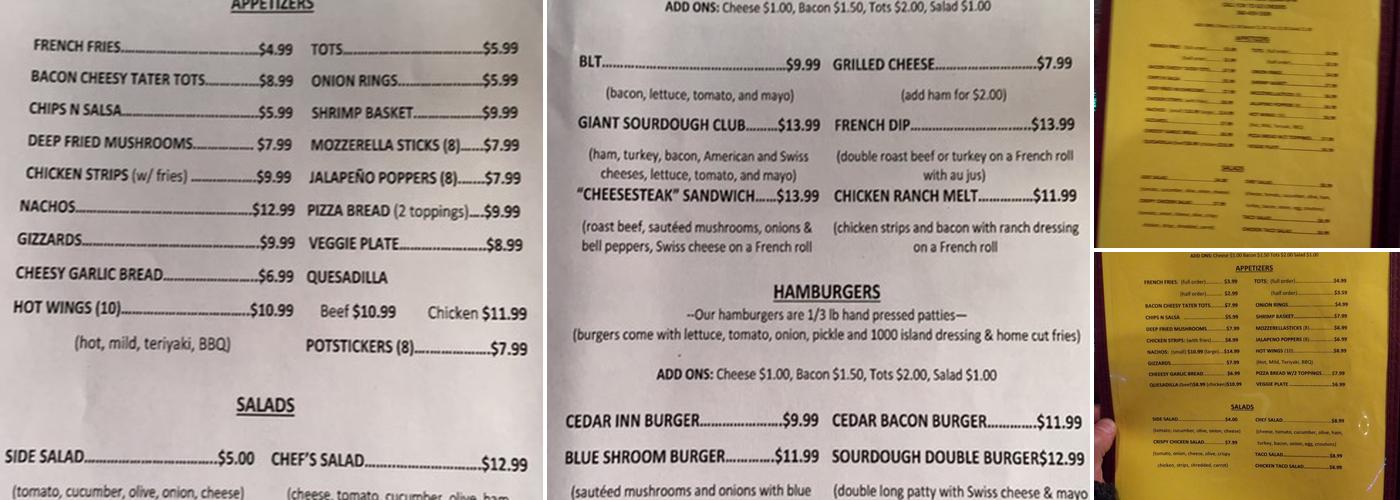 Cedar Inn Tavern Menu
