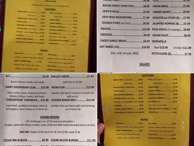 Cedar Inn Tavern Menu