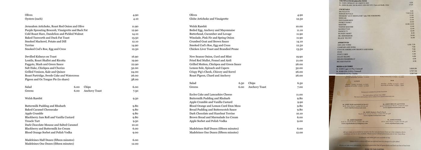 St John Bread and Wine Menu