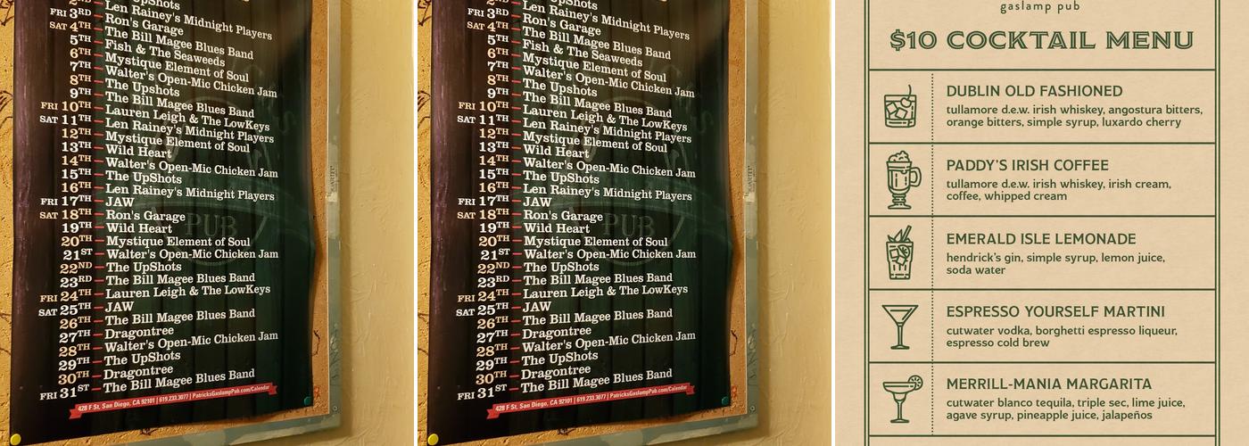Patricks Gaslamp Pub Menu