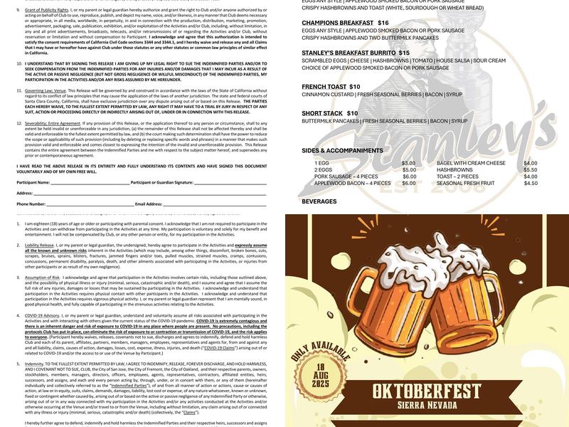 Stanley's Sports Bar Menu