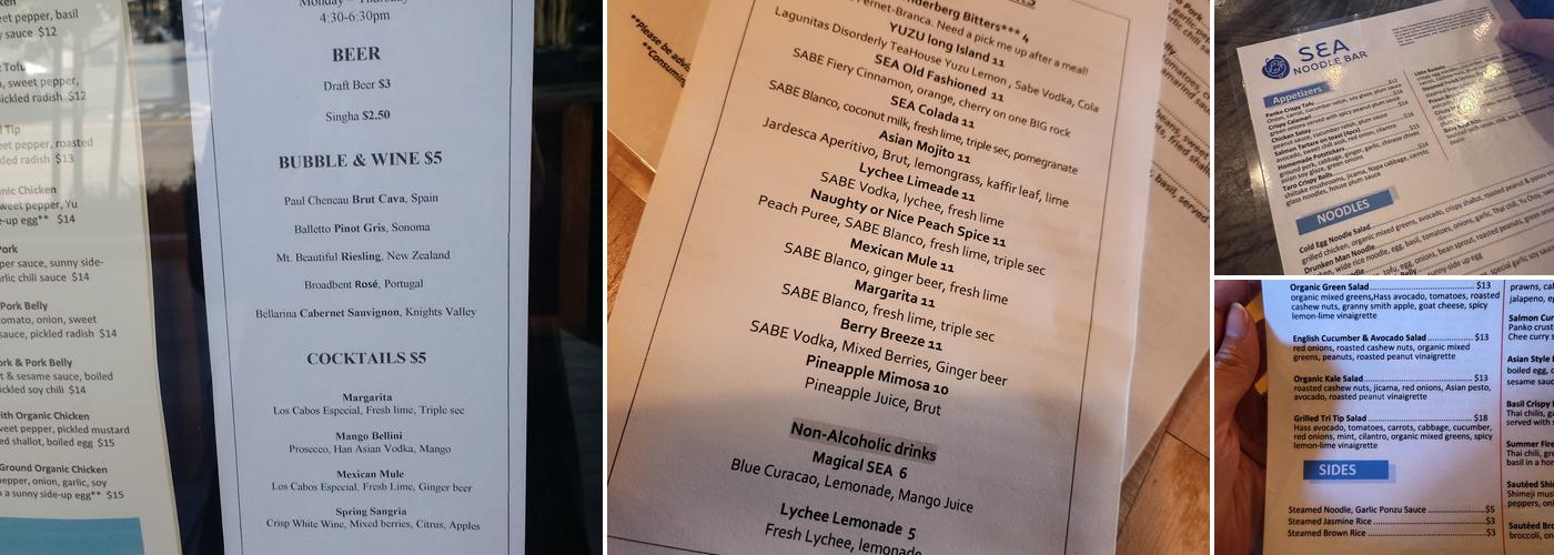 SEA Noodle Bar Menu