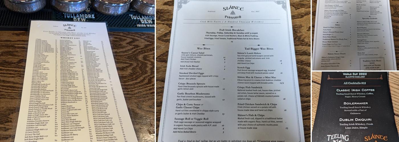 Sláinte Irish Pub Oakland Menu