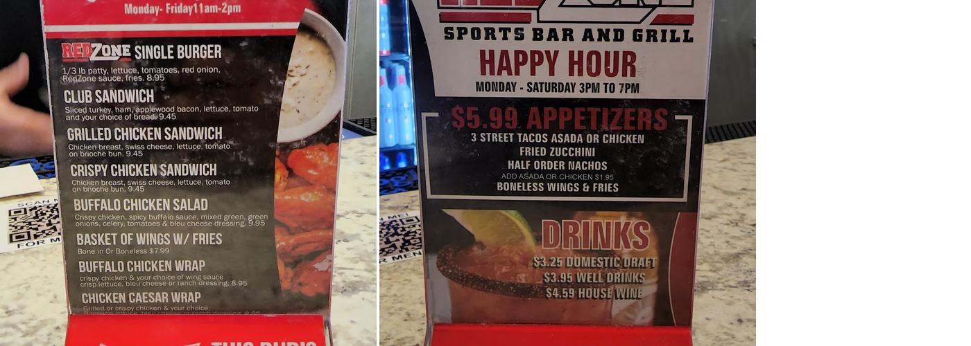 Downtown Red Zone Menu