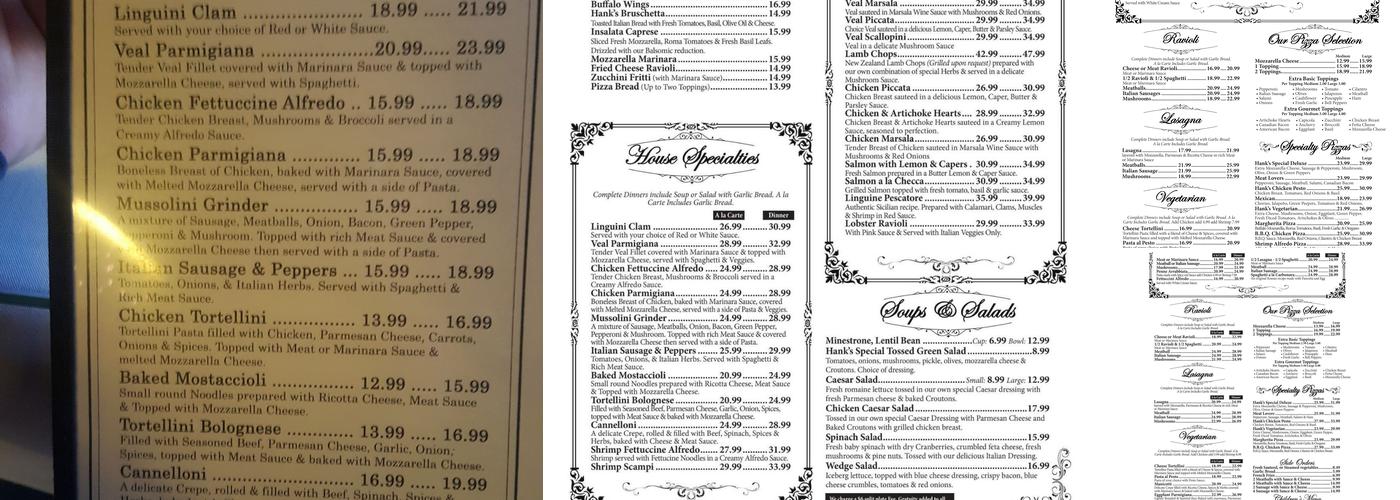 Hank's Italian Restaurant Menu