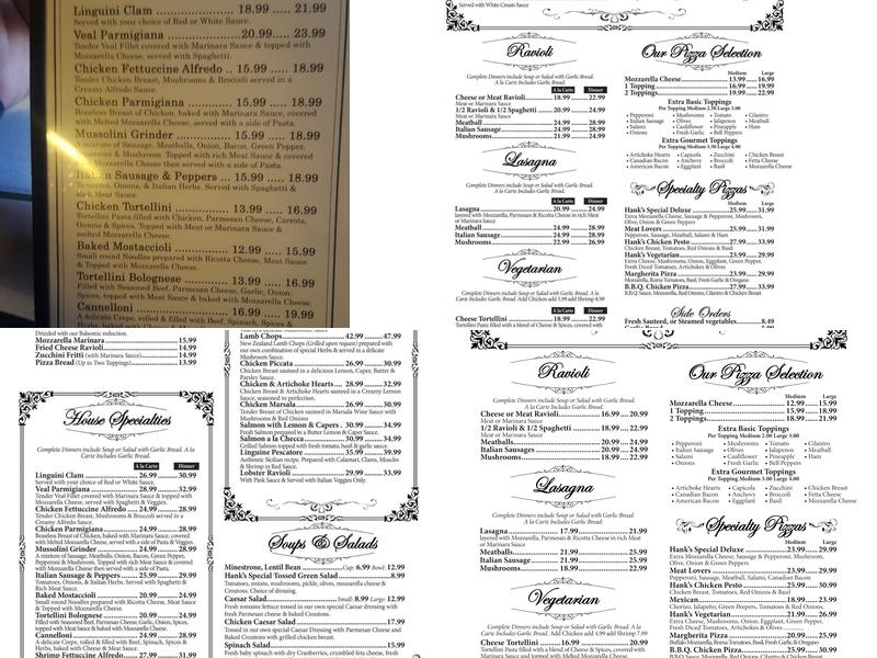 Hank's Italian Restaurant Menu