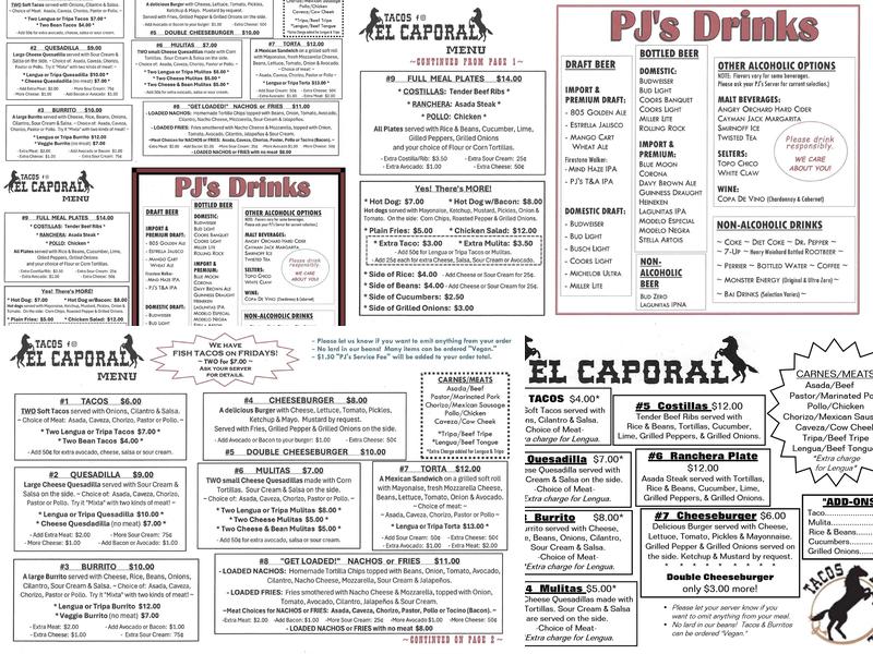 PJ's Entertainment Menu