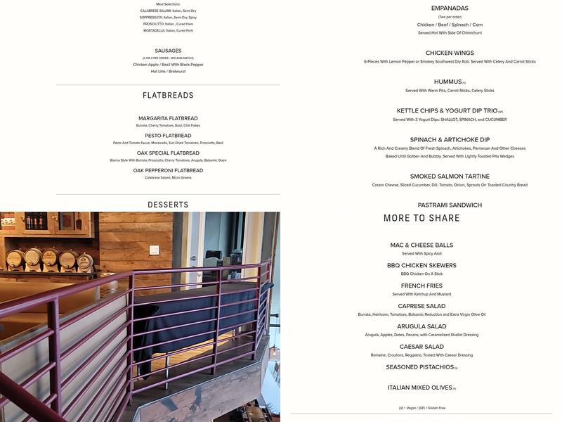 The Oak and Vine Menu