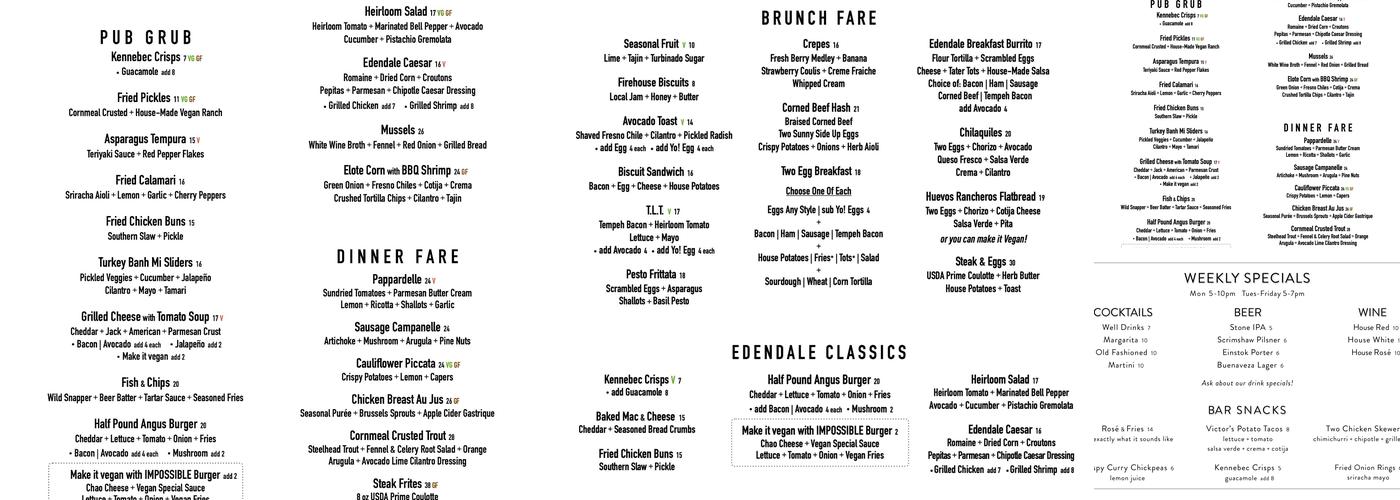 Edendale Restaurant and Bar Menu
