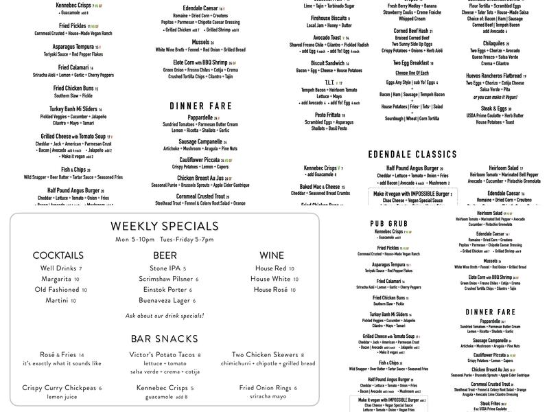 Edendale Restaurant and Bar Menu