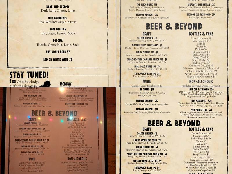 Bigfoot Lodge Menu