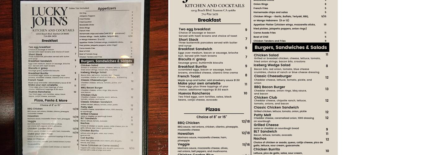 Lucky Johns Kitchen and Cocktails Menu