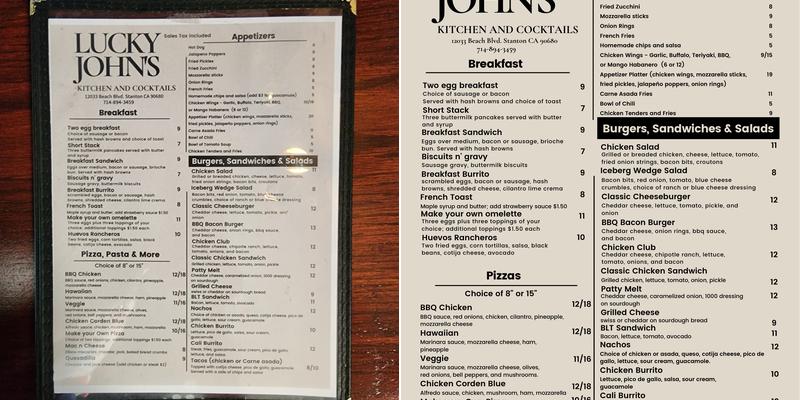 Lucky Johns Kitchen and Cocktails Menu